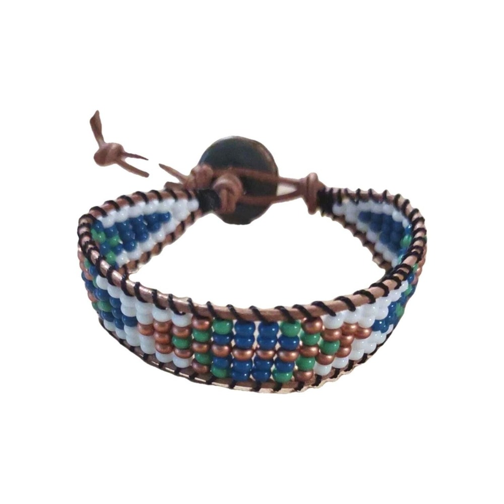 Boho Geometric Seed Bead Bracelet Blue  Green White Bronze Artisan Boho Chic